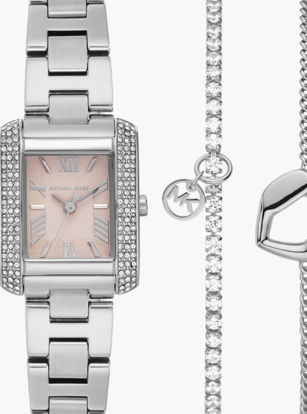 Michael Kors Emery Womens Silver Stainless Steel Strap Watch-MK7514SET