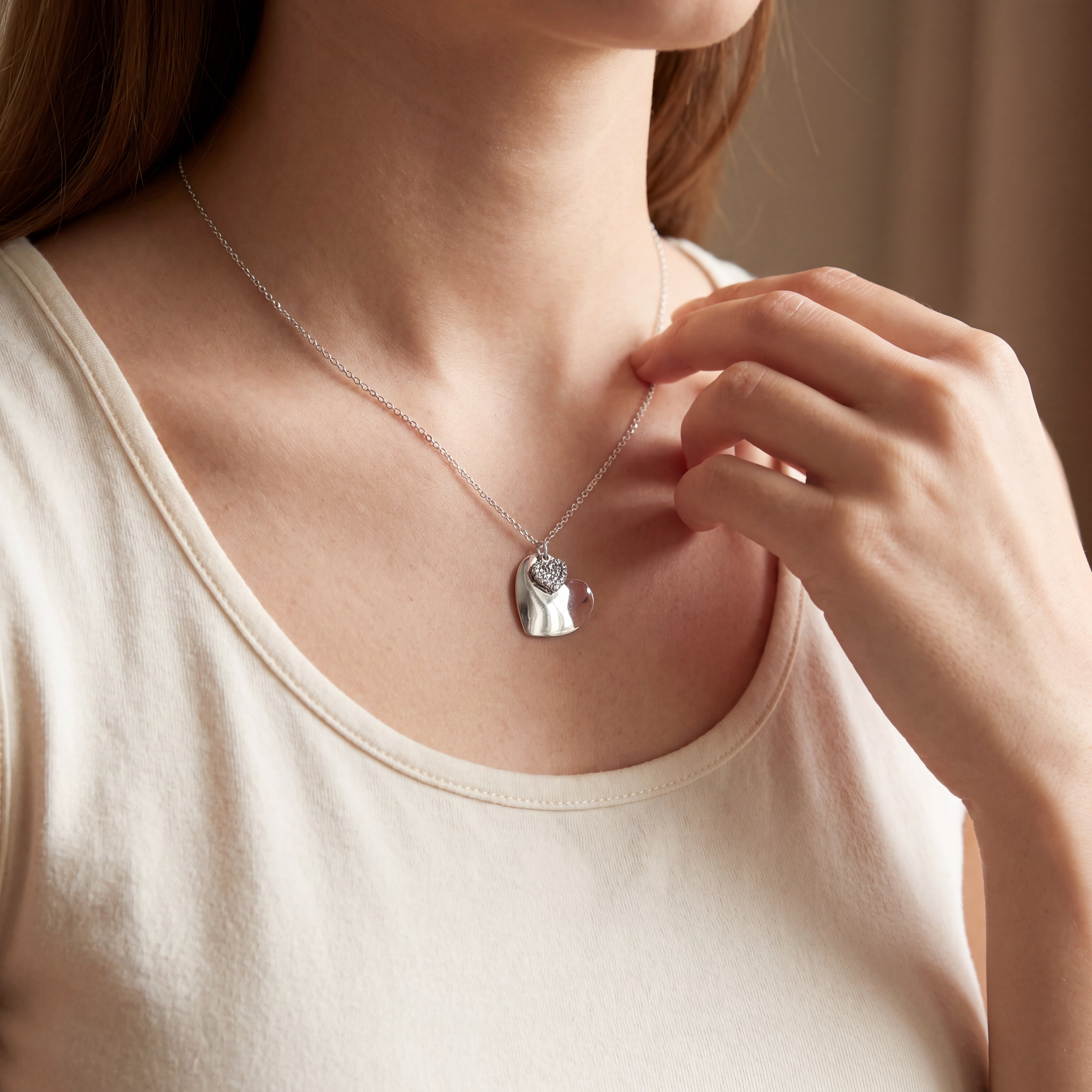 BWJ - 925 Sterling Silver Double Heart Pendant with Pave Cubics