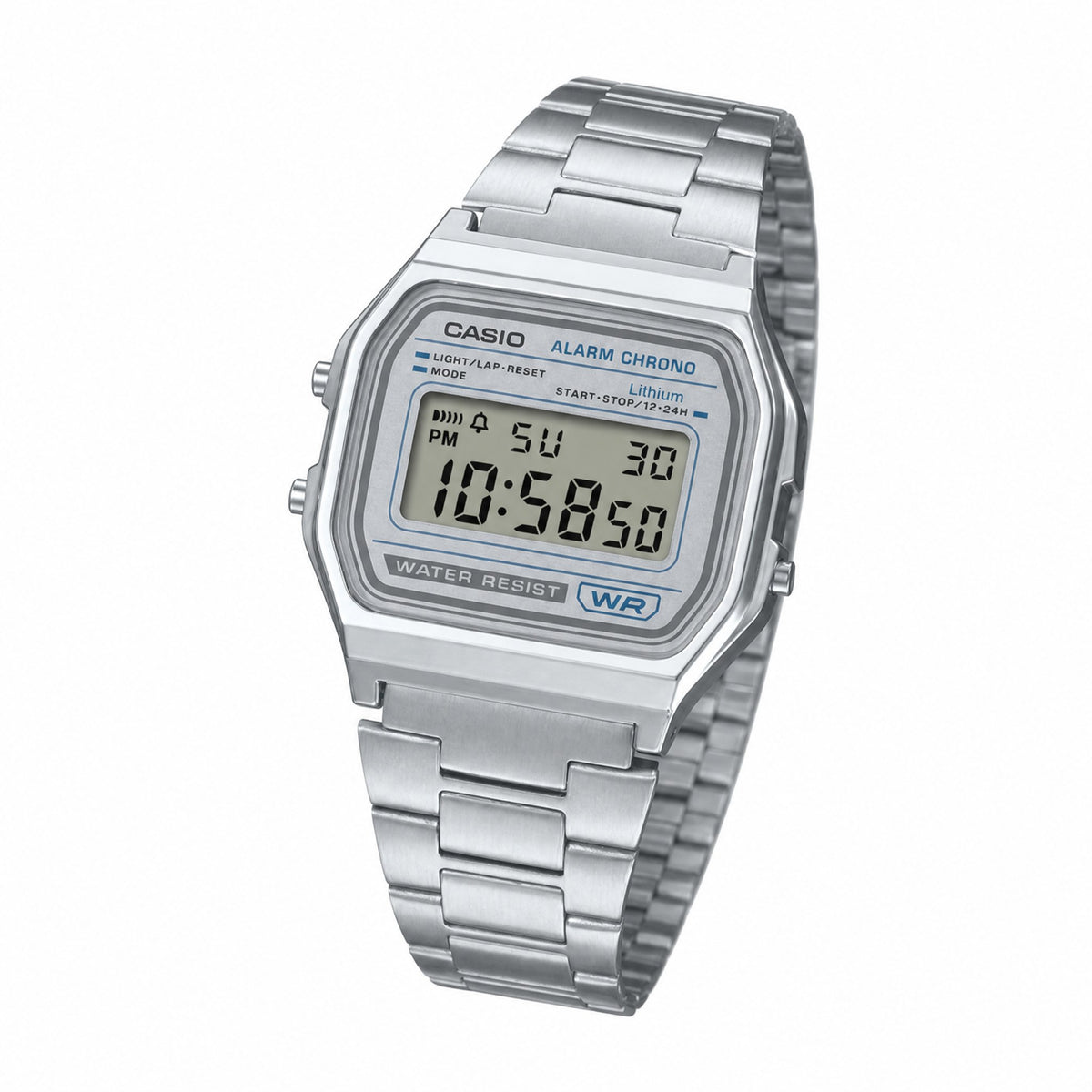 Casio A158WEA-7DF Retro Digital Watch -Silver Dial- Stainless Steel Band - AI-generated angle view