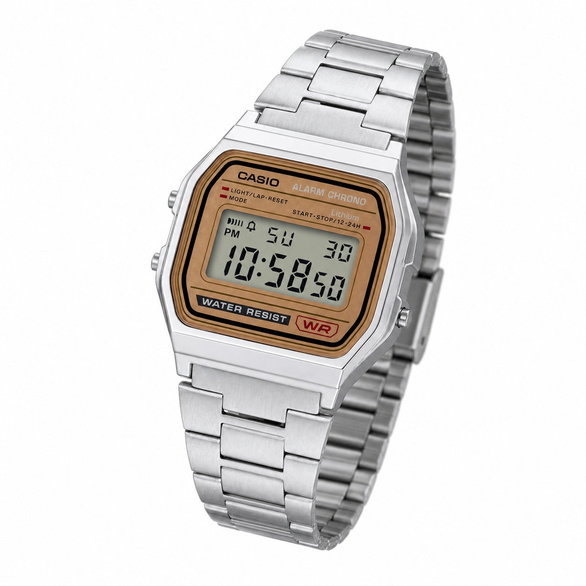 Casio A158WEA-9DF Retro Digital Watch - Bronze Dial - Stainless Steel Band - AI-generated angle view