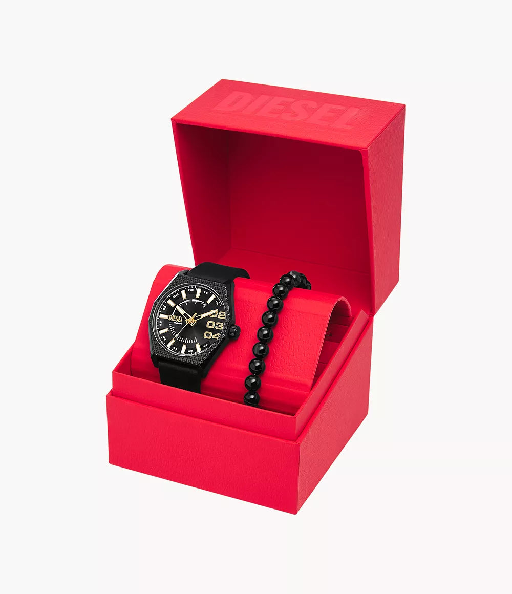 Diesel Scraper Mens Black Leather Strap Watch-DZ2210SET