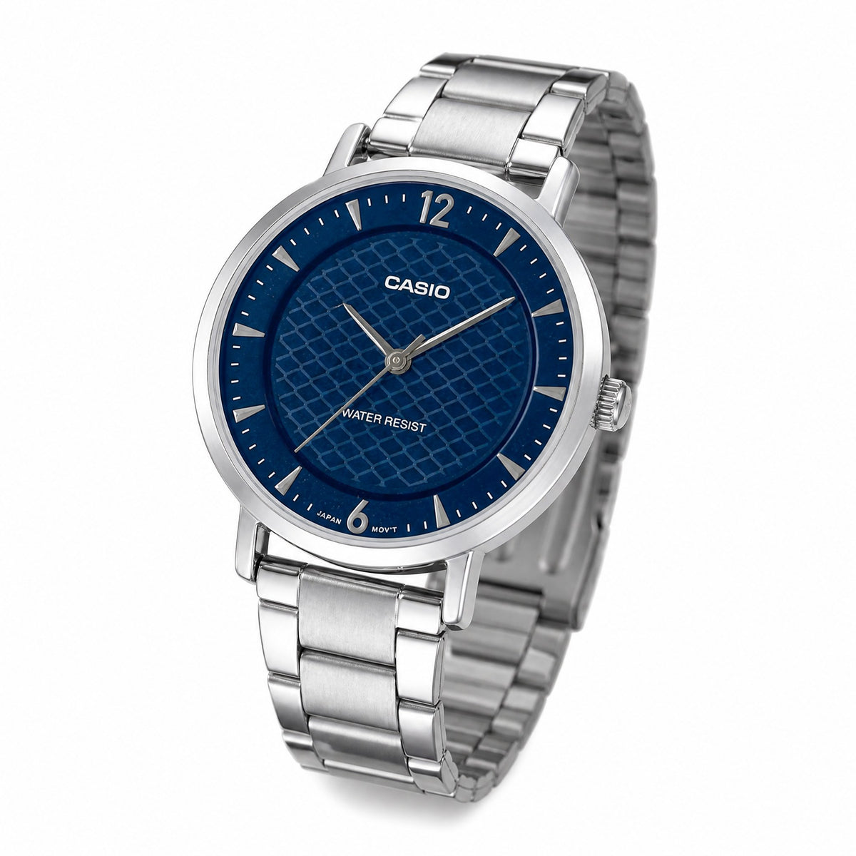 Casio LTP-VT04D-2ADF-Navy Blue Patterned Dial-Slim S/Steel-Minimalist - AI-generated angle view