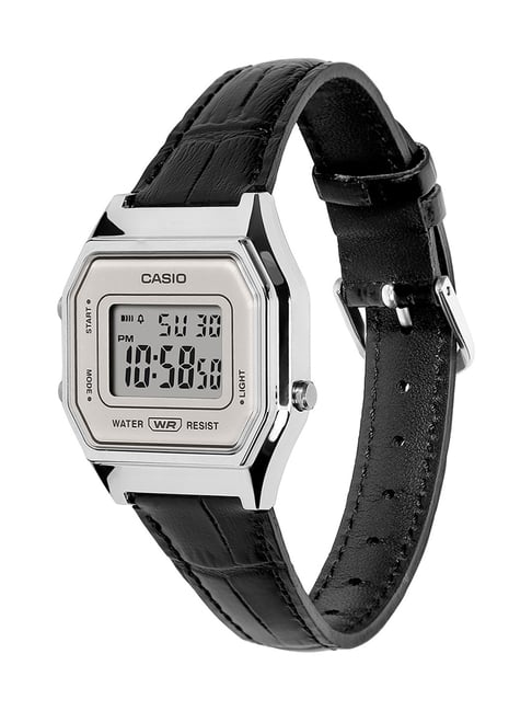 Casio Retro LA680WEL-1DF -Genuine Black Leather-Chrome Digital Watch-Grey