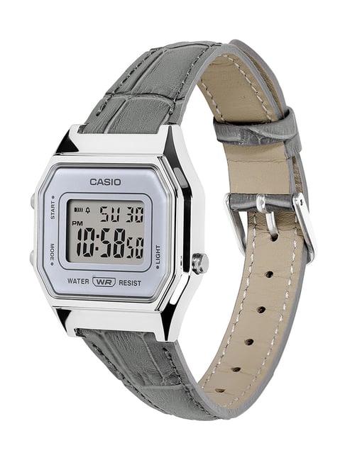 Casio Retro LA680WEL-8A2DF- Chrome Digital Watch-Pastel Grey Leather Strap