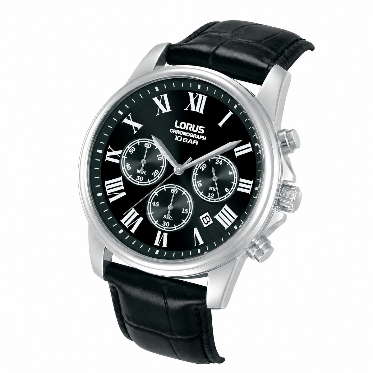Lorus Mens Sports Chronograph Black Leather Watch-RT341LX9
