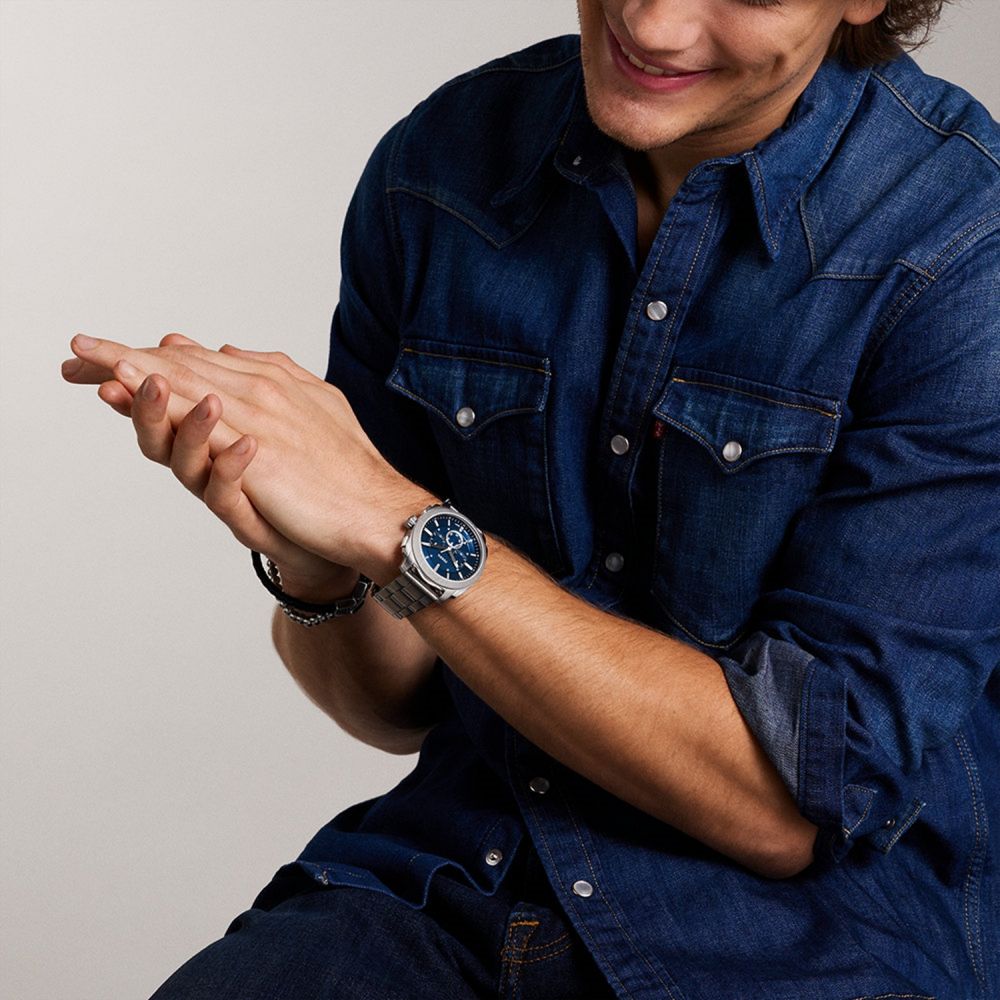 Fossil Machine Mens Silver Stainless Steel Strap Watch-FS6096