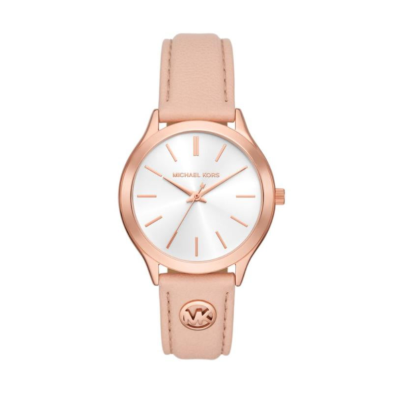 Michael Kors Slim Runway Womens Rose Gold Leather Strap Watch-MK7467