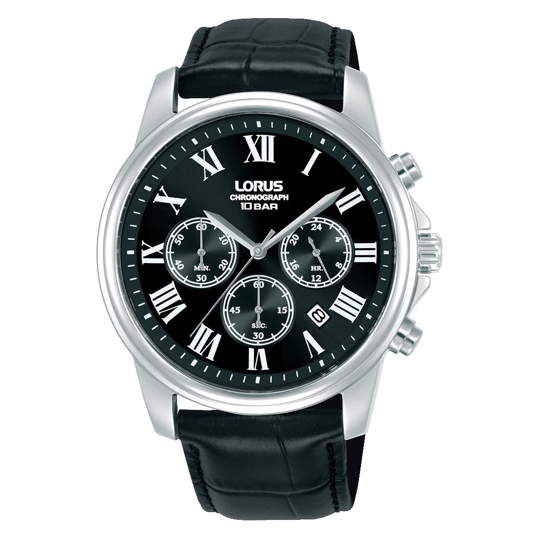 Lorus Mens Sports Chronograph Black Leather Watch-RT341LX9