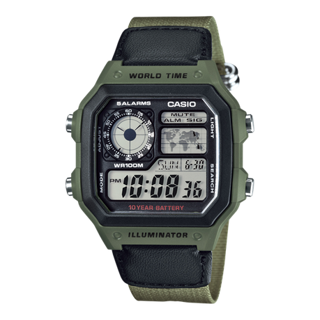 Casio Men's AE-1200WHB-3BVDF -World Time - Green Nylon Strap - Black Watch
