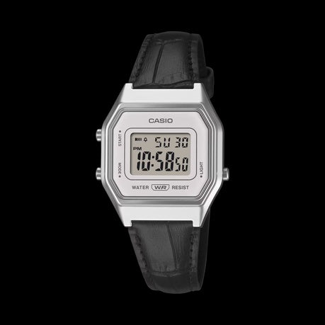 Casio Retro LA680WEL-1DF -Genuine Black Leather-Chrome Digital Watch-Grey