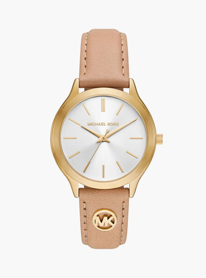 Michael Kors Slim Runway Womens Beige Leather Strap Watch-MK7533