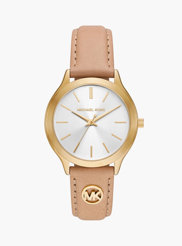 Michael Kors Slim Runway Womens Beige Leather Strap Watch-MK7533