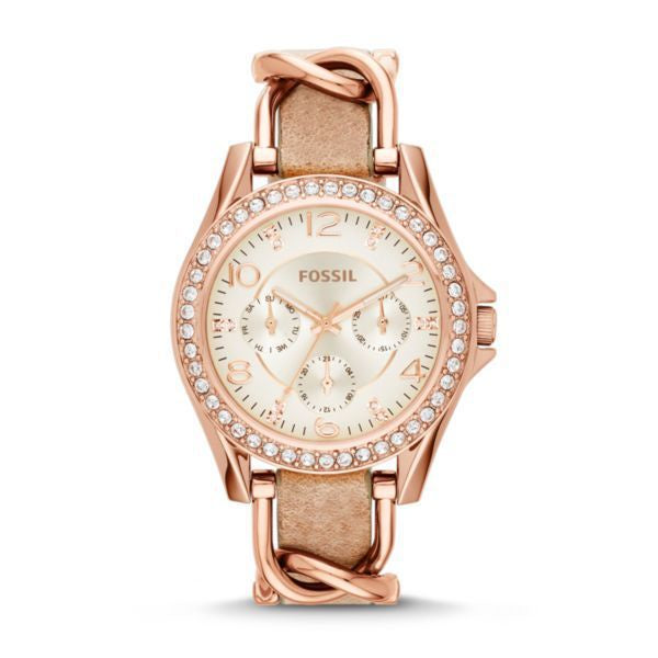 Fossil Riley Multifunction Rose-Tone & Sand Leather Watch-ES3466