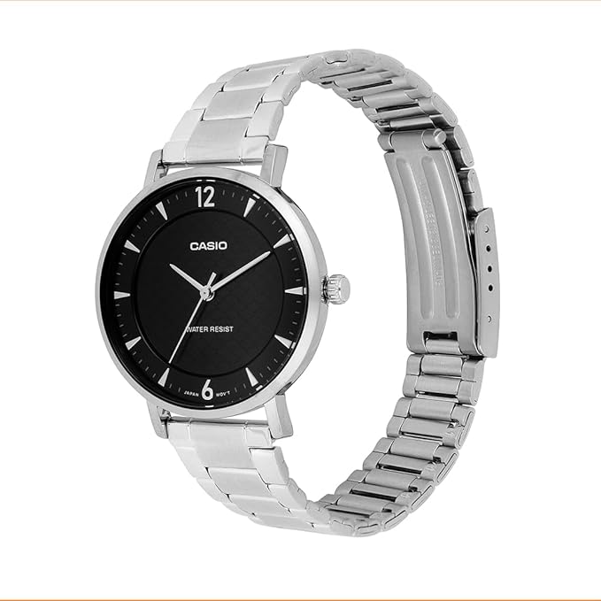 Casio LTP-VT04D-1ADF-Black Patterned Dial-Slim Stainless Steel-Minimalist