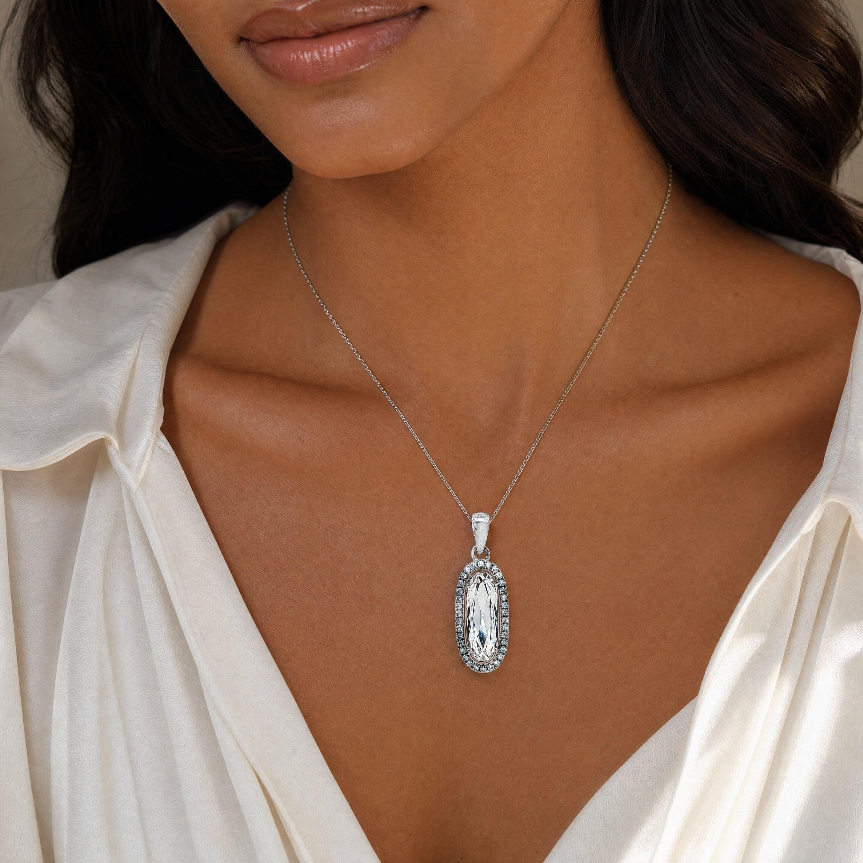 BWJ - 925 Sterling Silver Elongated Cubic Halo Pendant