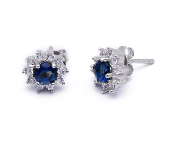 Broadway Jewellers - 925 Sterling Silver - Blue Cubic Zirconia Flower Stud Earring