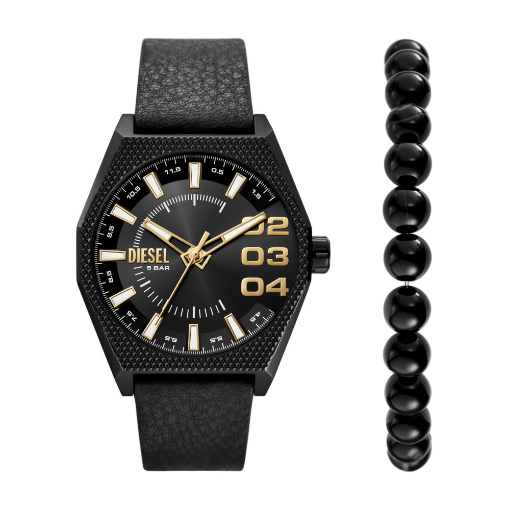 Diesel Scraper Mens Black Leather Strap Watch-DZ2210SET