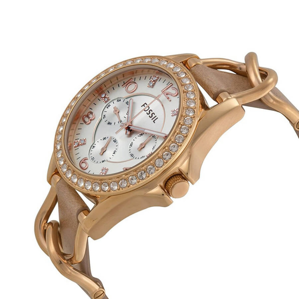 Fossil Riley Multifunction Rose Tone Sand Leather Watch ES3466 Broadwayjewellers .za