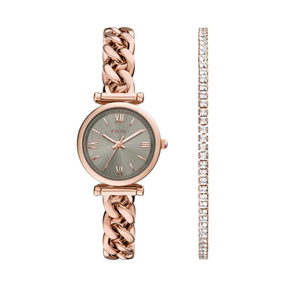 Fossil Carlie Womens Rose Gold Stainless Steel Strap Watch-ES5378SET