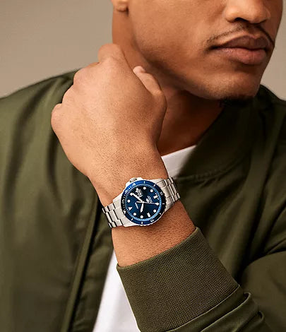 Fossil Blue Mens Silver Stainless Steel Watch-FS6029