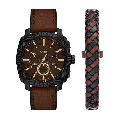 Fossil Machine Mens Brown Leather Strap Watch-FS6102SET