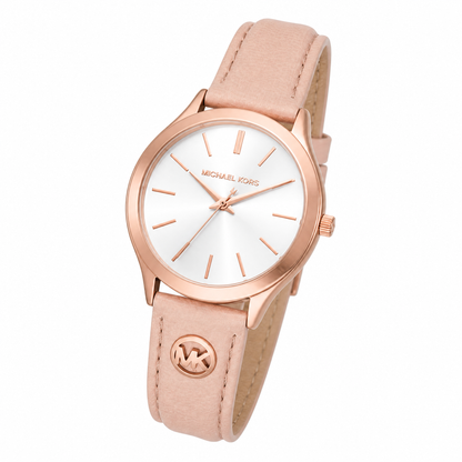 Michael Kors Slim Runway Womens Rose Gold Leather Strap Watch-MK7467