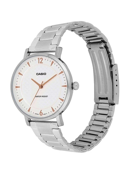Casio LTP-VT04D-7ADF-Silver-White Patterned Dial-Slim S/Steel - Minimalist