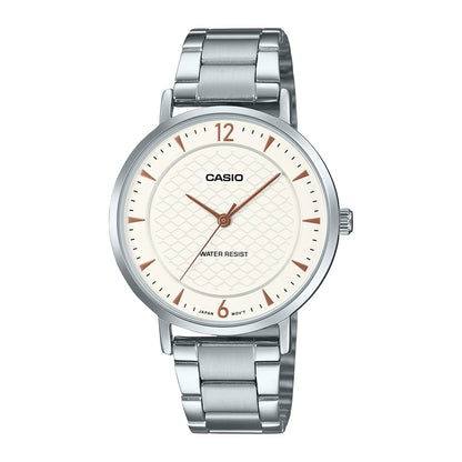 Casio LTP-VT04D-7ADF-Silver-White Patterned Dial-Slim S/Steel - Minimalist