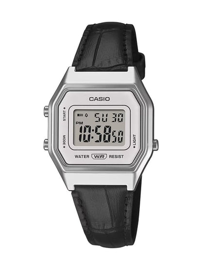 Casio Retro LA680WEL-1DF -Genuine Black Leather-Chrome Digital Watch-Grey