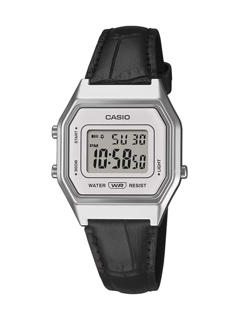 Casio Retro LA680WEL-1DF -Genuine Black Leather-Chrome Digital Watch-Grey