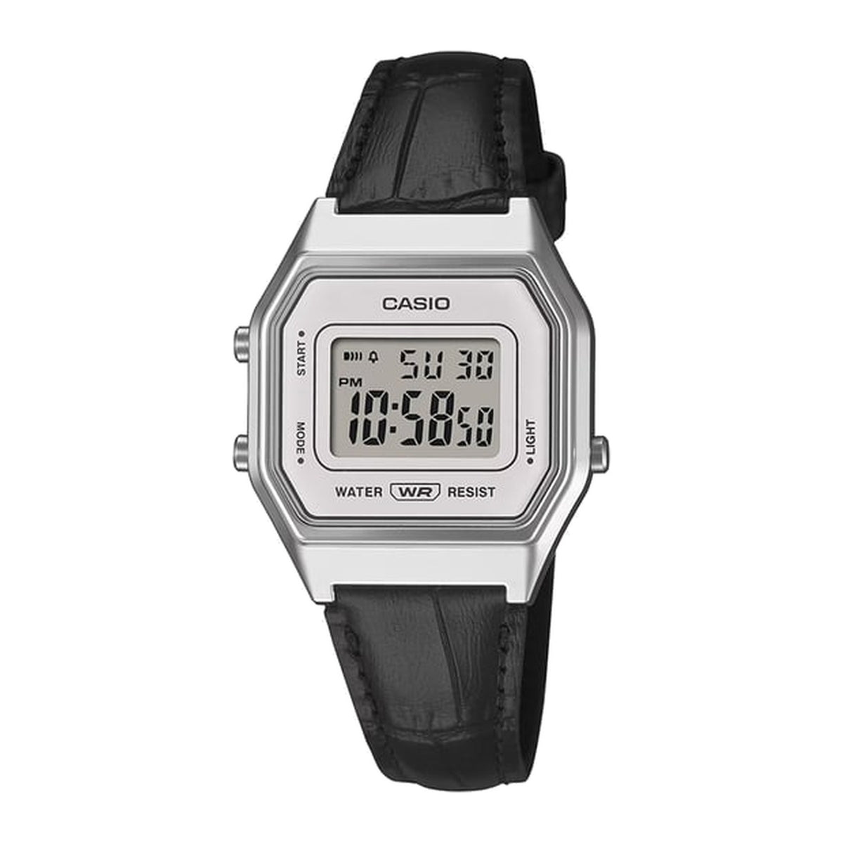 Casio Retro LA680WEL-1DF -Genuine Black Leather-Chrome Digital Watch-Grey