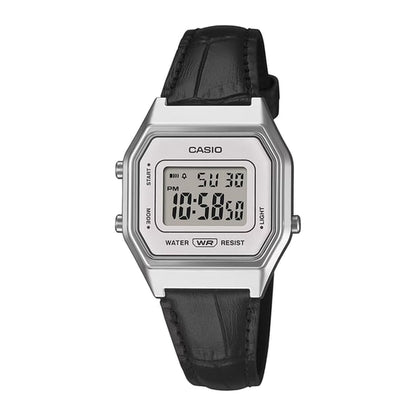 Casio Retro LA680WEL-1DF -Genuine Black Leather-Chrome Digital Watch-Grey