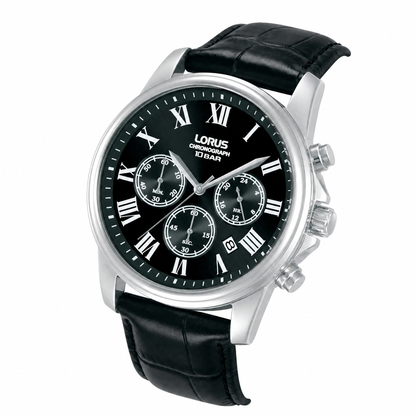 Lorus Mens Sports Chronograph Black Leather Watch-RT341LX9