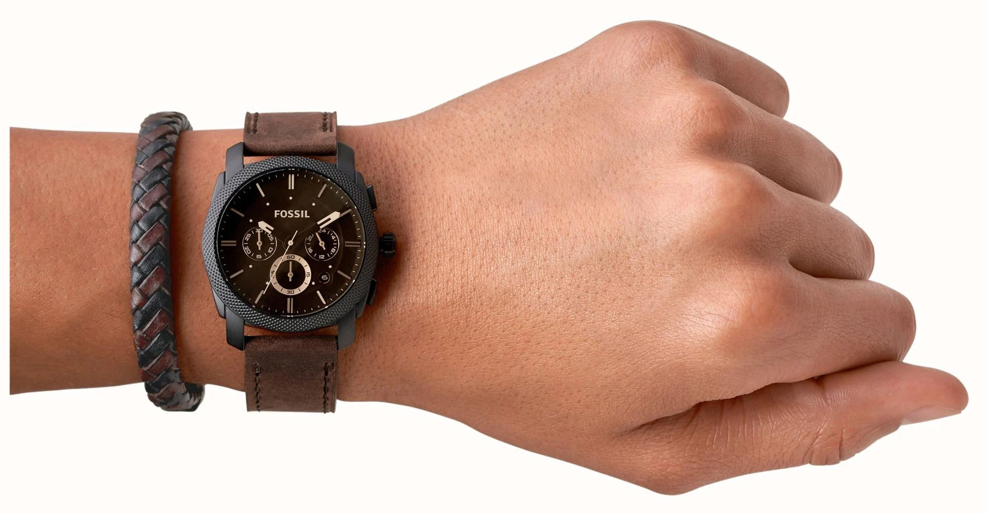 Fossil Machine Dark Brown Leather Men Watch-FS5251SET