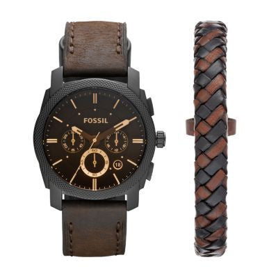 Fossil Machine Dark Brown Leather Men Watch-FS5251SET