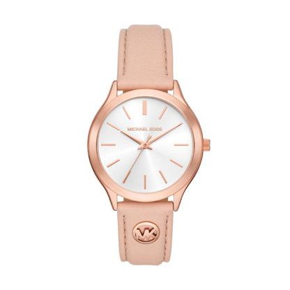 Michael Kors Slim Runway Womens Rose Gold Leather Strap Watch-MK7467