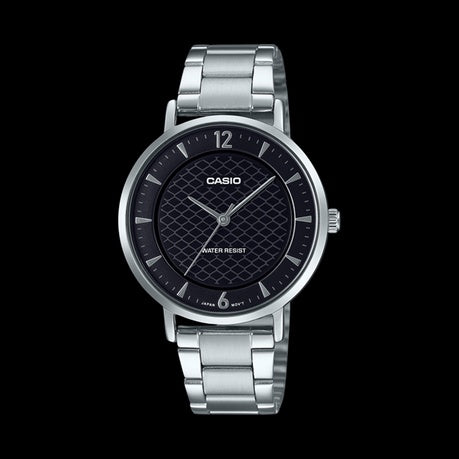 Casio LTP-VT04D-1ADF-Black Patterned Dial-Slim Stainless Steel-Minimalist