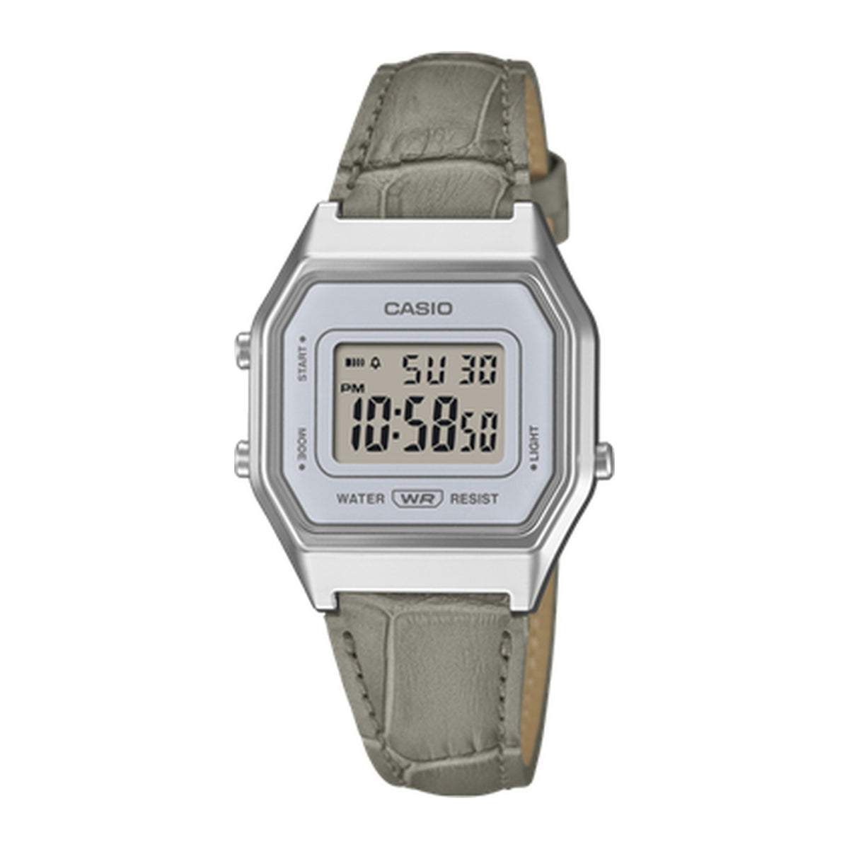 Casio Retro LA680WEL-8A2DF- Chrome Digital Watch-Pastel Grey Leather Strap
