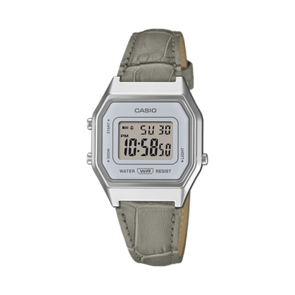 Casio Retro LA680WEL-8A2DF- Chrome Digital Watch-Pastel Grey Leather Strap