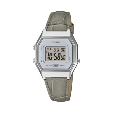Casio Retro LA680WEL-8A2DF- Chrome Digital Watch-Pastel Grey Leather Strap