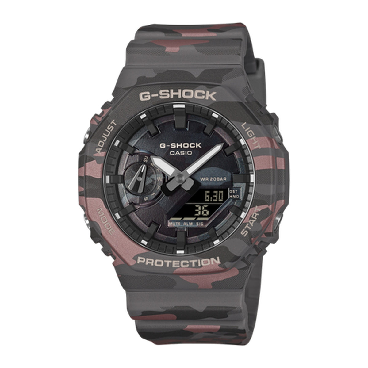 Casio G-Shock GA-2100CMD-8ADR-Carbon Core Guard-200M WR-Camo Grey/Red Watch