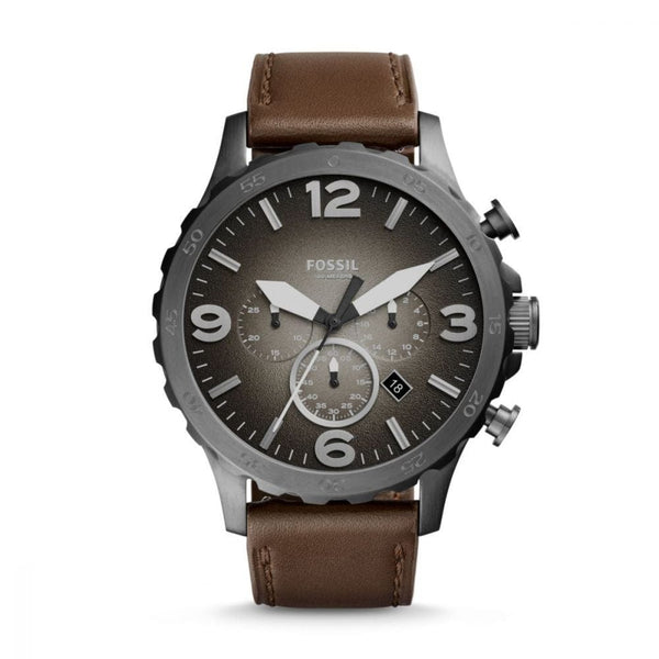 Fossil Men Nate Chronograph Brown Leather Watch-JR1424